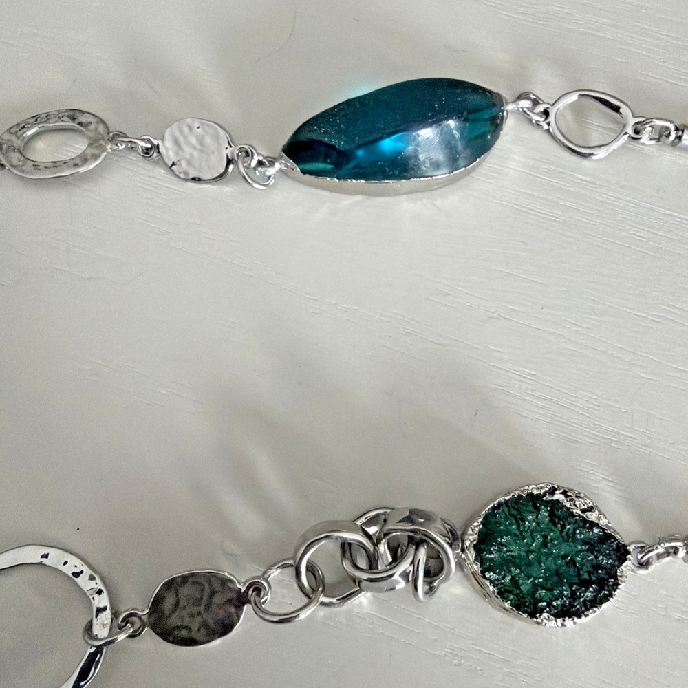 Chicos Blue And Green Stone And Silver Tone Metal Ring - Long Necklace 20-24" - Picture 9 of 11
